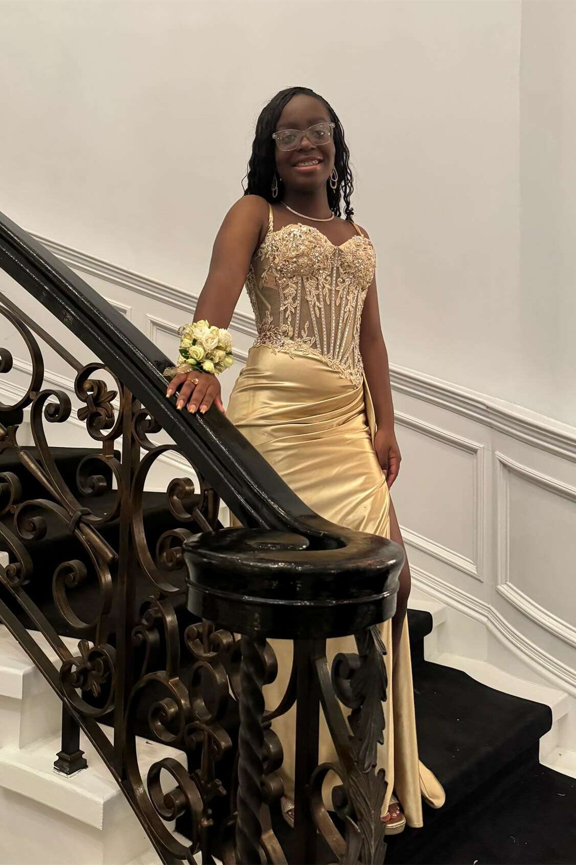 Lace Applique Beaded Mermaid Spaghetti Strap Prom Dress in Golden