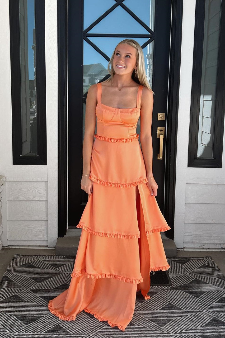 A-line Ruffle Straps Lace-up Prom Dress with Slit in Orange
