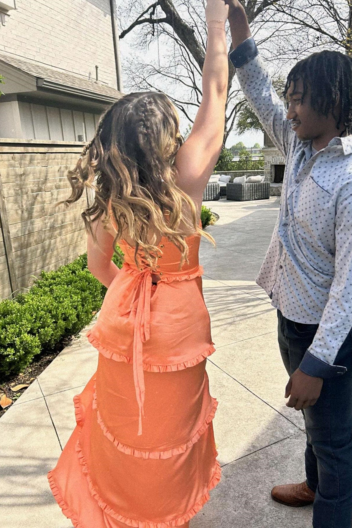 A-line Ruffle Straps Lace-up Prom Dress with Slit in Orange
