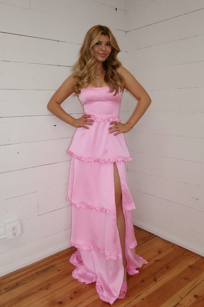 A-line Ruffle Straps Lace-up Prom Dress with Slit in Orange