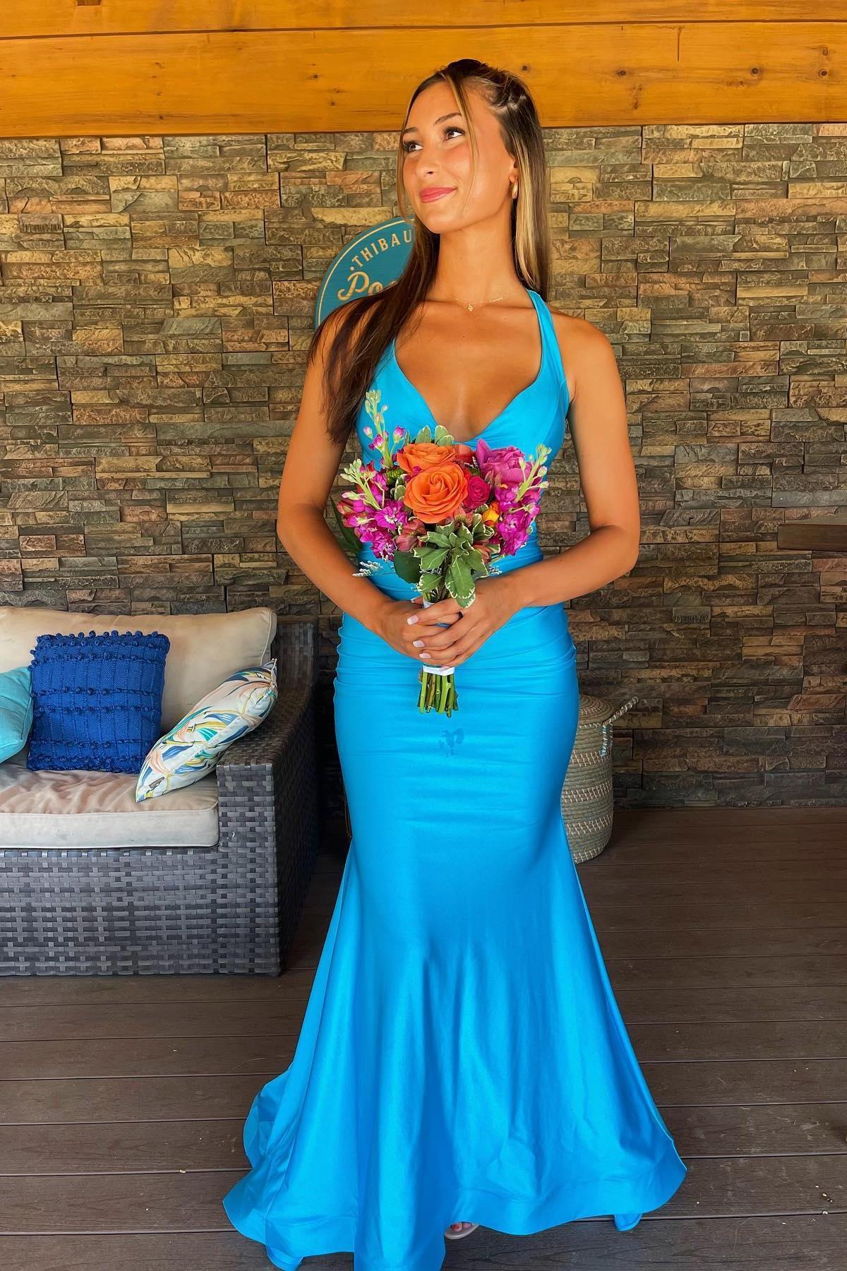 Mermaid Halter Open Back Prom Dress in Blue