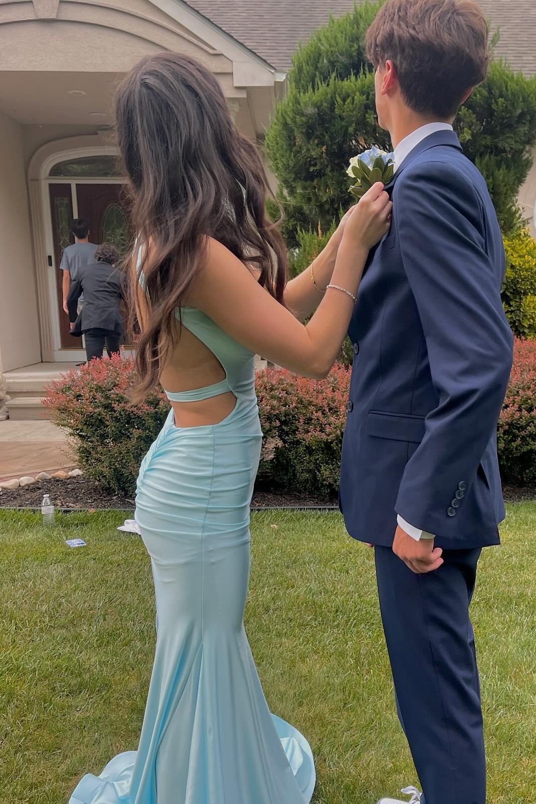 Mermaid Halter Open Back Prom Dress in Blue