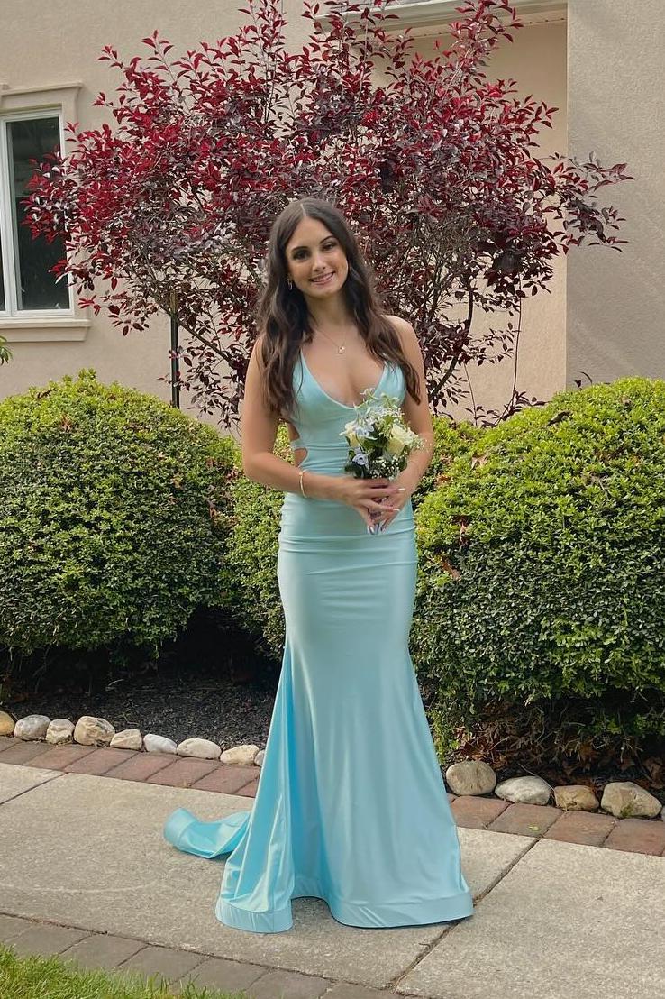 Mermaid Halter Open Back Prom Dress in Blue