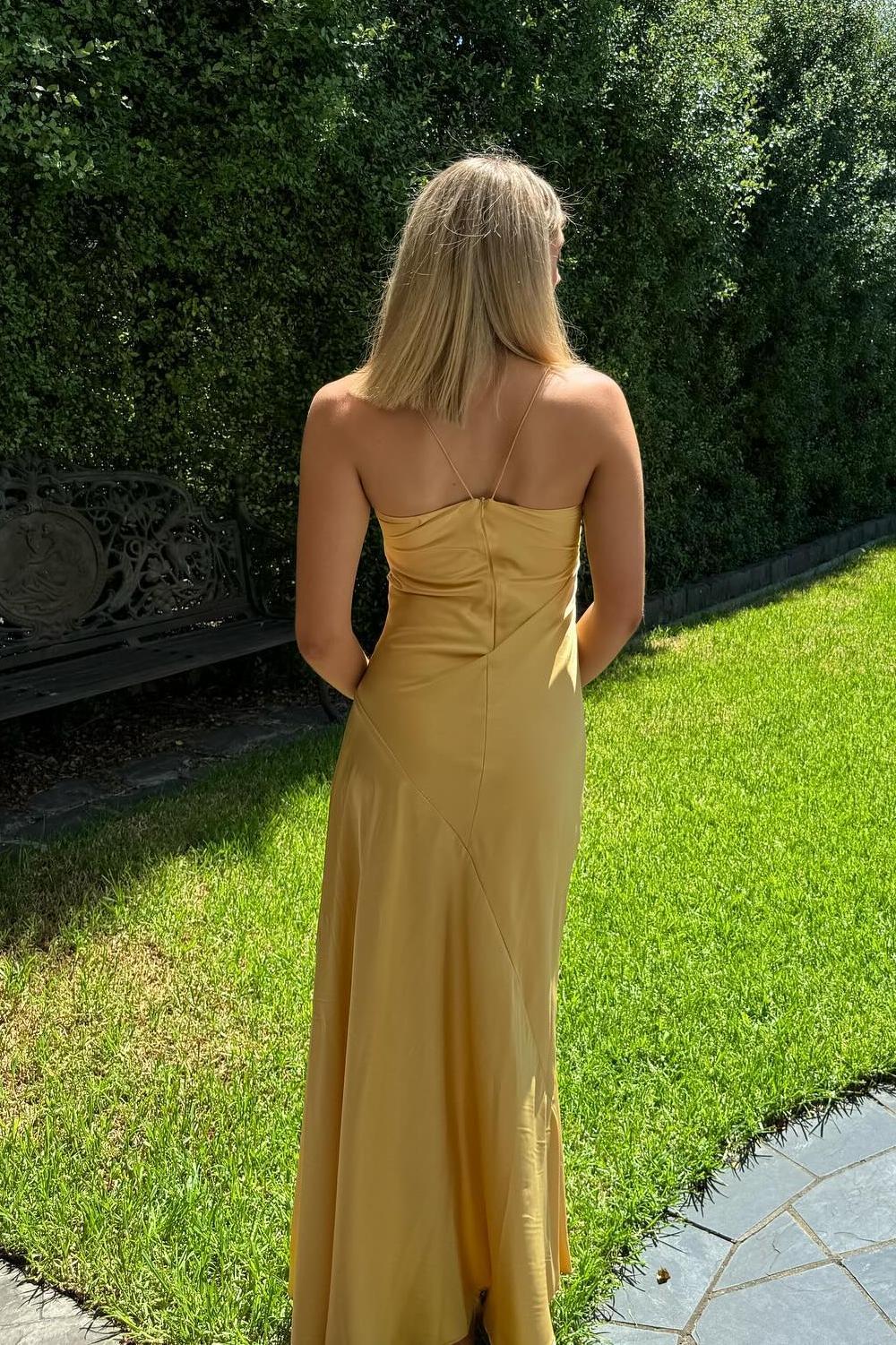 Sapghetti Strap A-line Prom Dress with Slit in Yellow