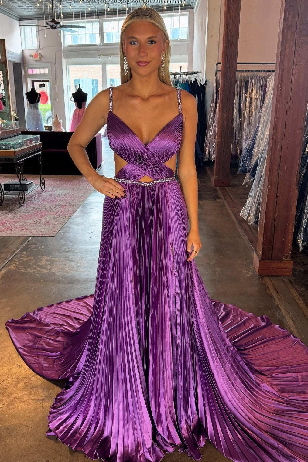 Metallic Cross-criss Pleated A-line Prom Dress in Fuchsia
