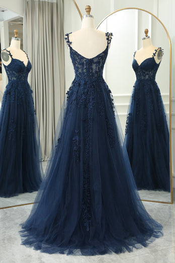 Lace Applique A-line Prom Dress with Slit in Navy Blue