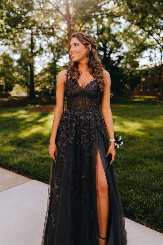 Lace Applique A-line Prom Dress with Slit in Navy Blue