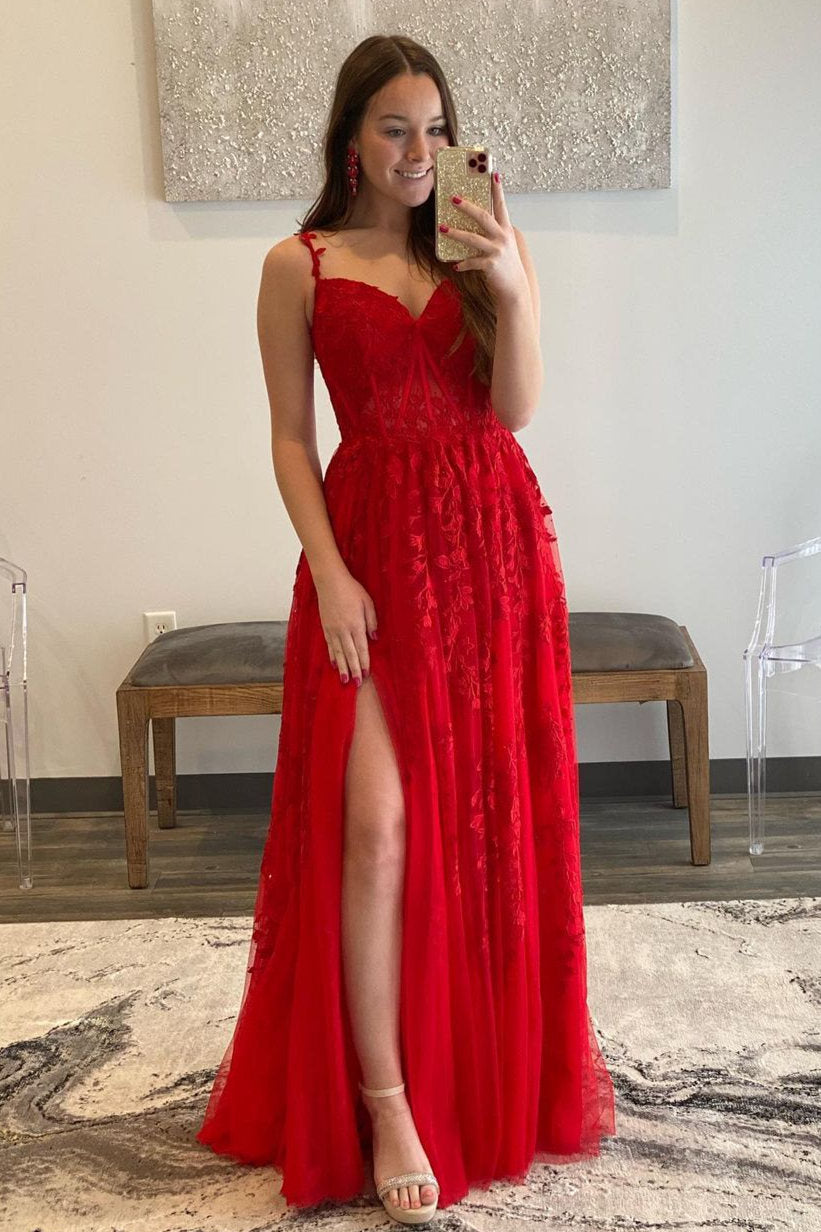 Lace Applique A-line Prom Dress with Slit in Navy Blue