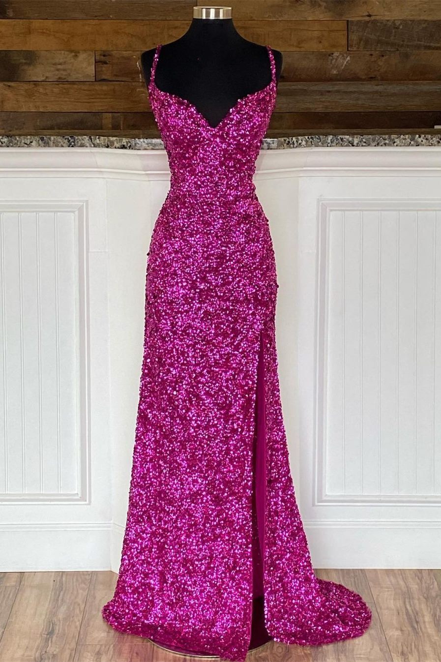Sequin Spaghetti Strap Open Back A-line Prom Dress in Purple