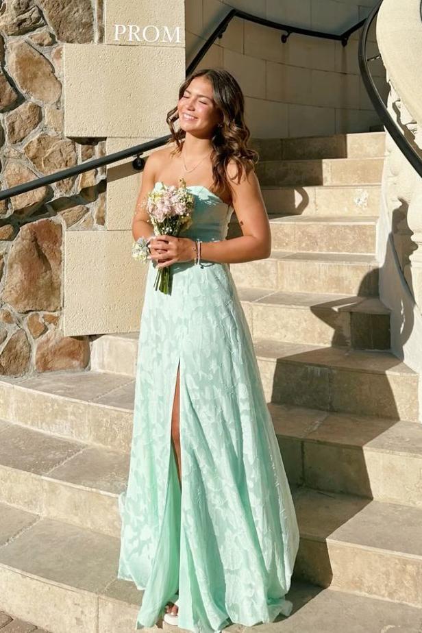 Flower Print Strapless Hollowed-out Back Prom Dress in Mint Green