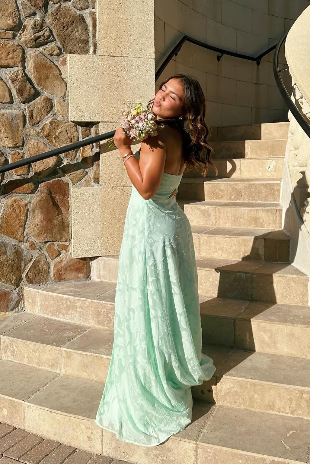 Flower Print Strapless Hollowed-out Back Prom Dress in Mint Green