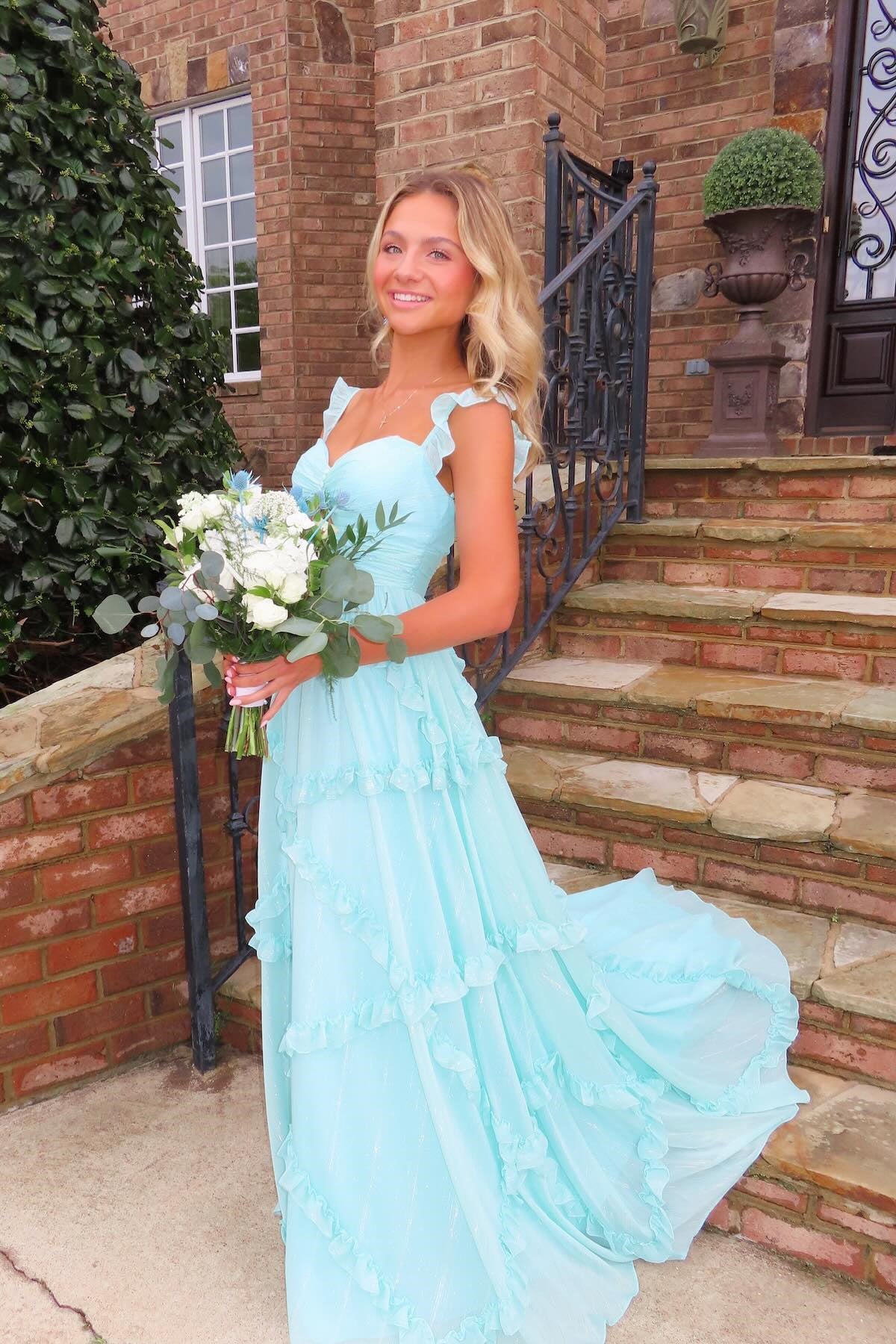 Ruffle A-line Cut-out Prom Dress in Light Blue