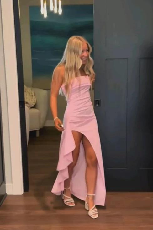 Ruffle Strapless Ruched Prom Dress with Slit in Yellow