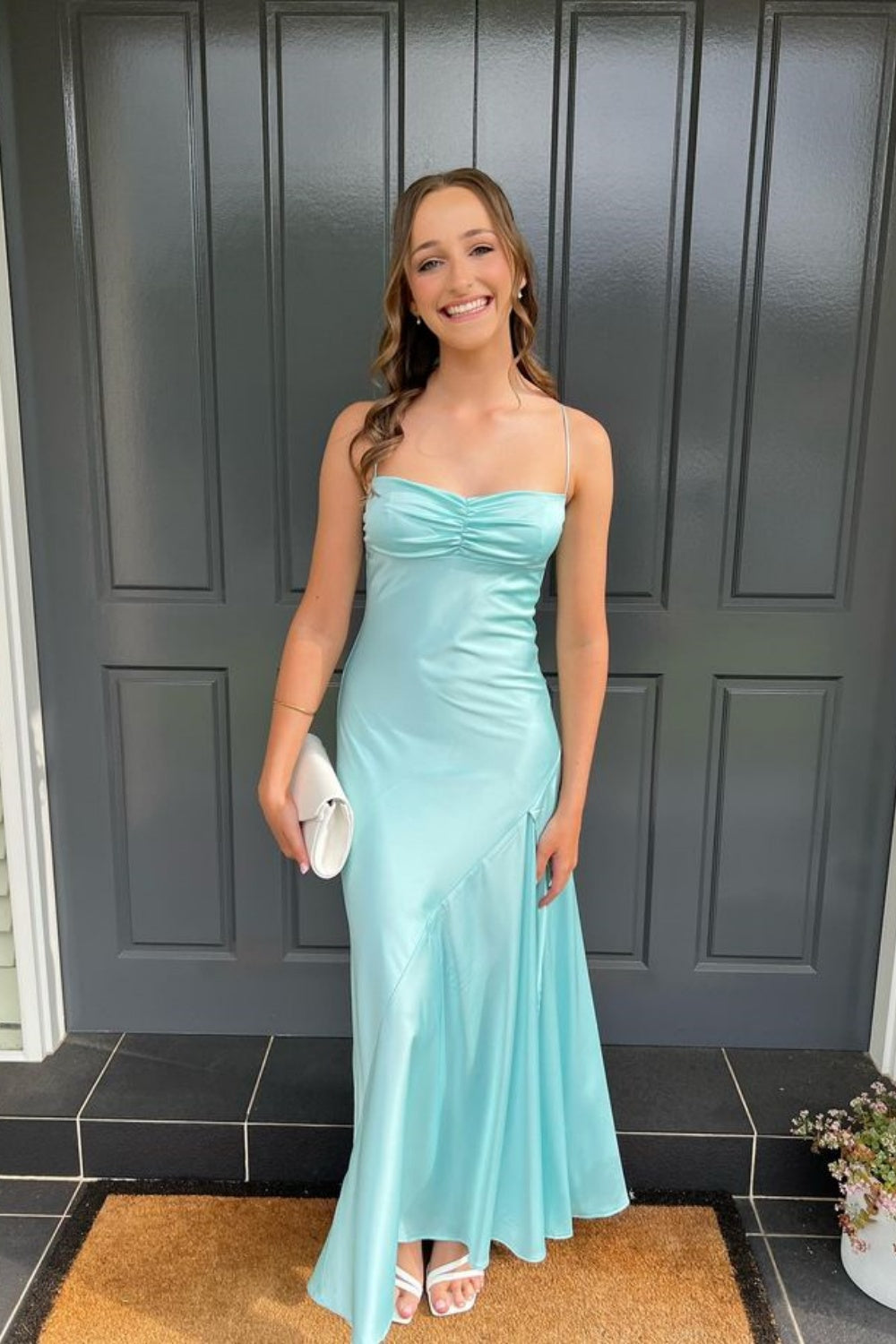 Spaghetti Strap Ruched Fitted Party Dress in Aqua