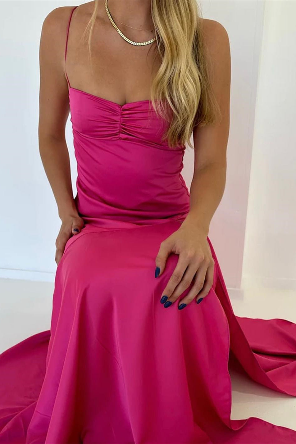 Spaghetti Strap Ruched Fitted Party Dress in Aqua