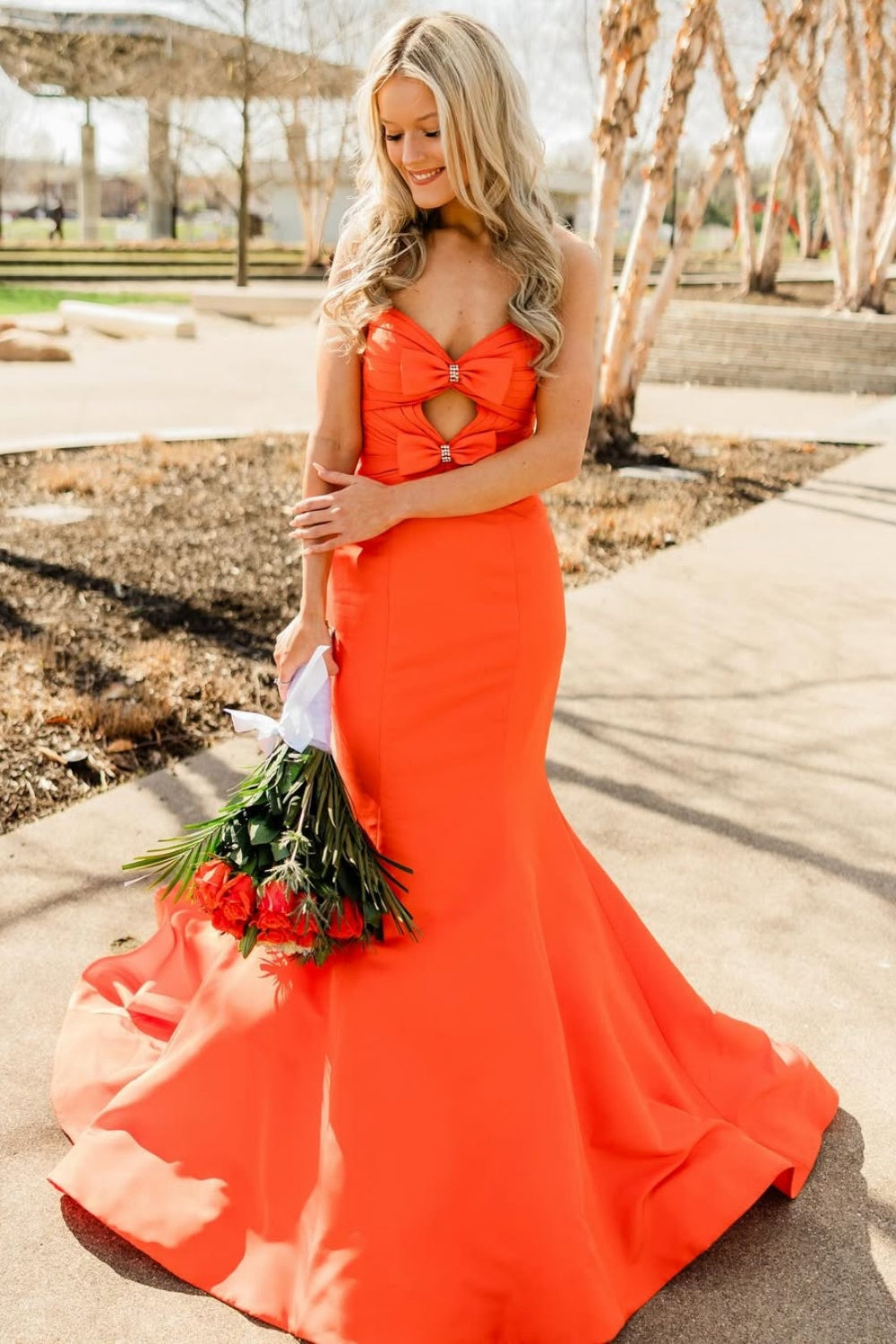 Bow Cut-out Strapless Mermaid Prom Dress in Orange