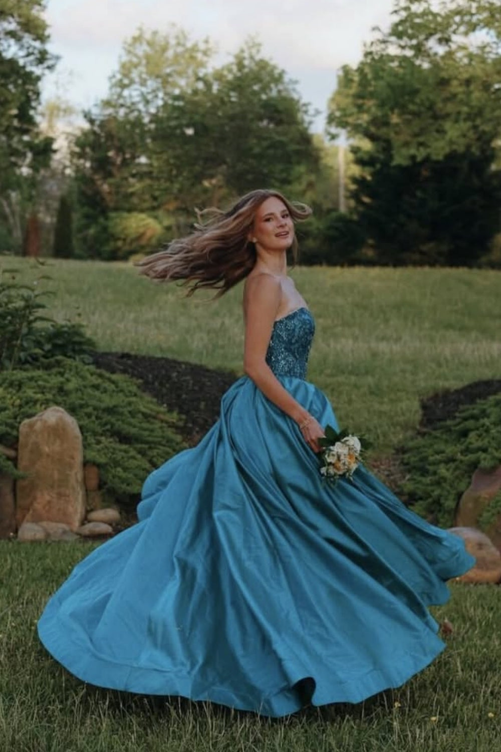 Beaded Strapless A-line Prom Dress in Blue