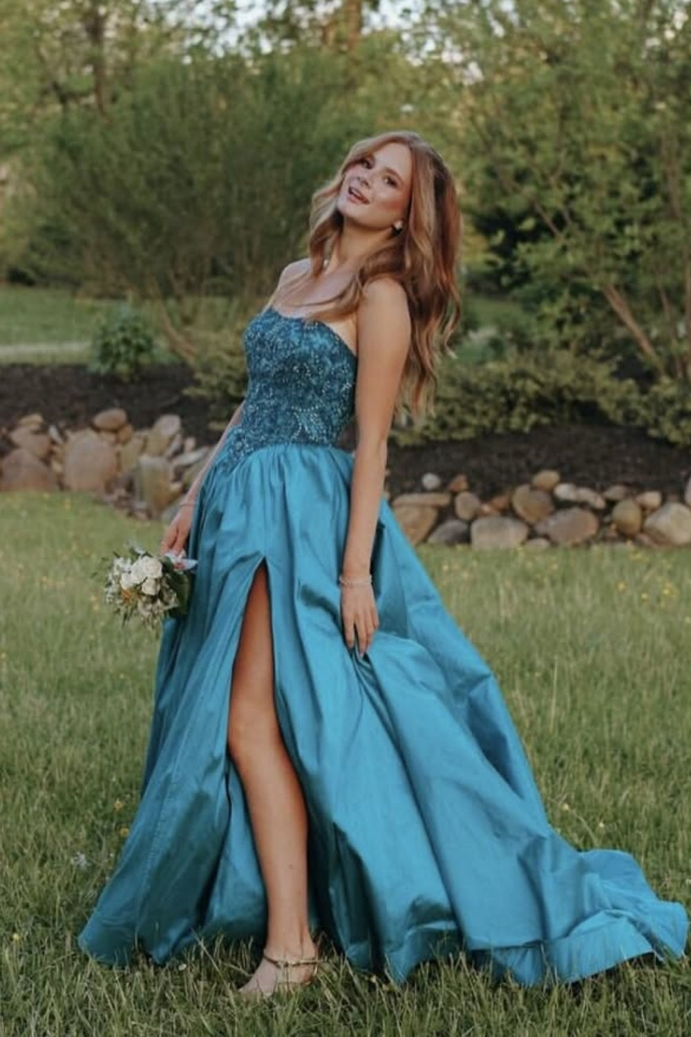 Beaded Strapless A-line Prom Dress in Blue