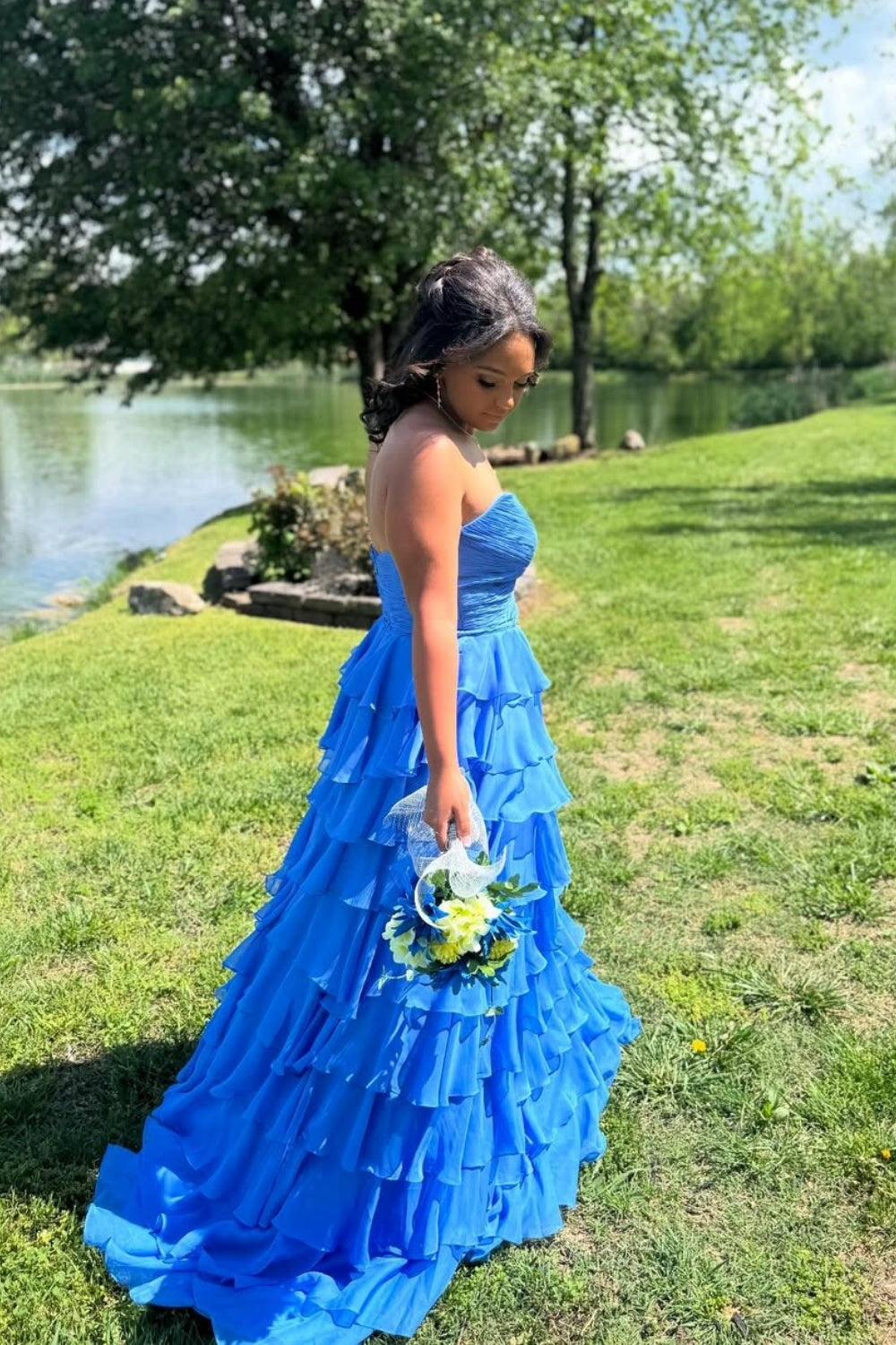 A-line Ruffle Strapless Prom Dress in Navy Blue
