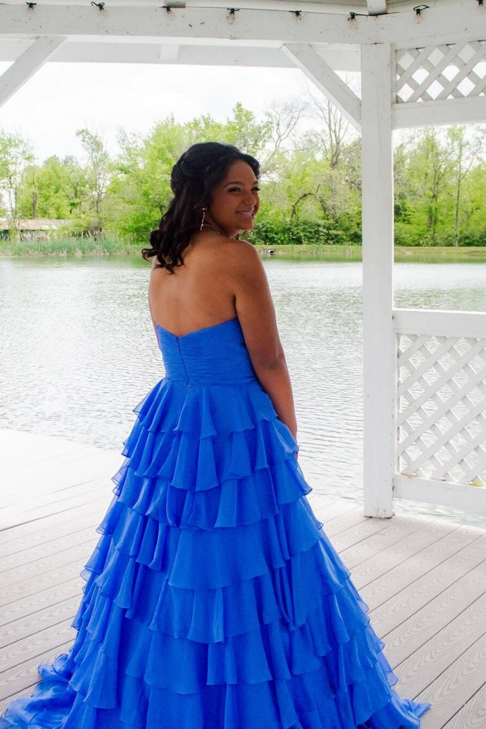 A-line Ruffle Strapless Prom Dress in Navy Blue
