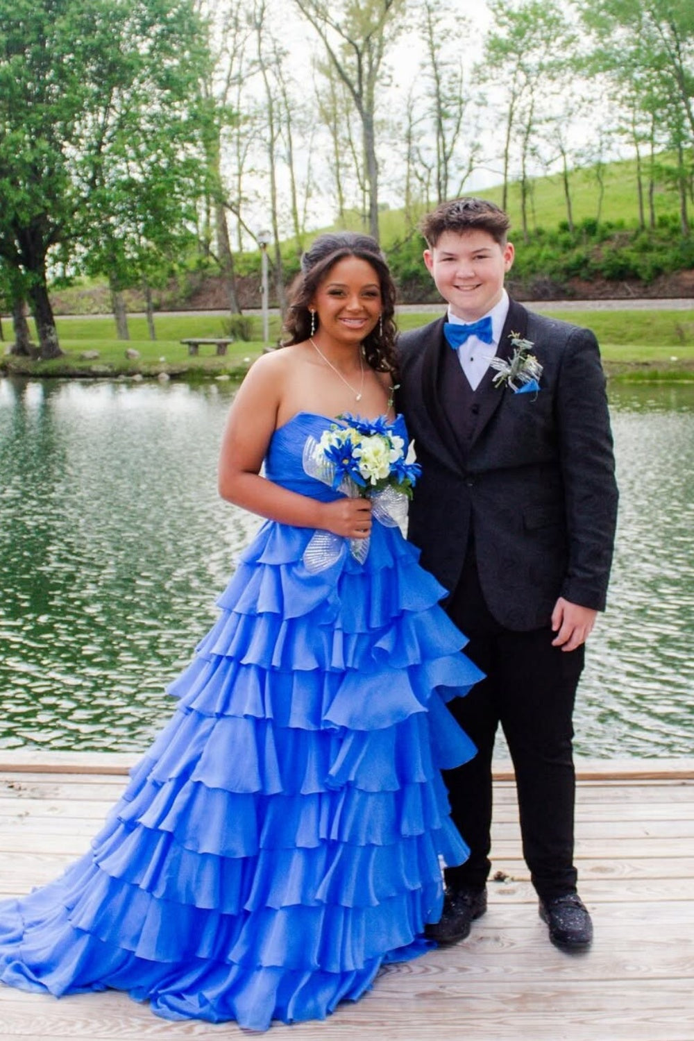 A-line Ruffle Strapless Prom Dress in Navy Blue