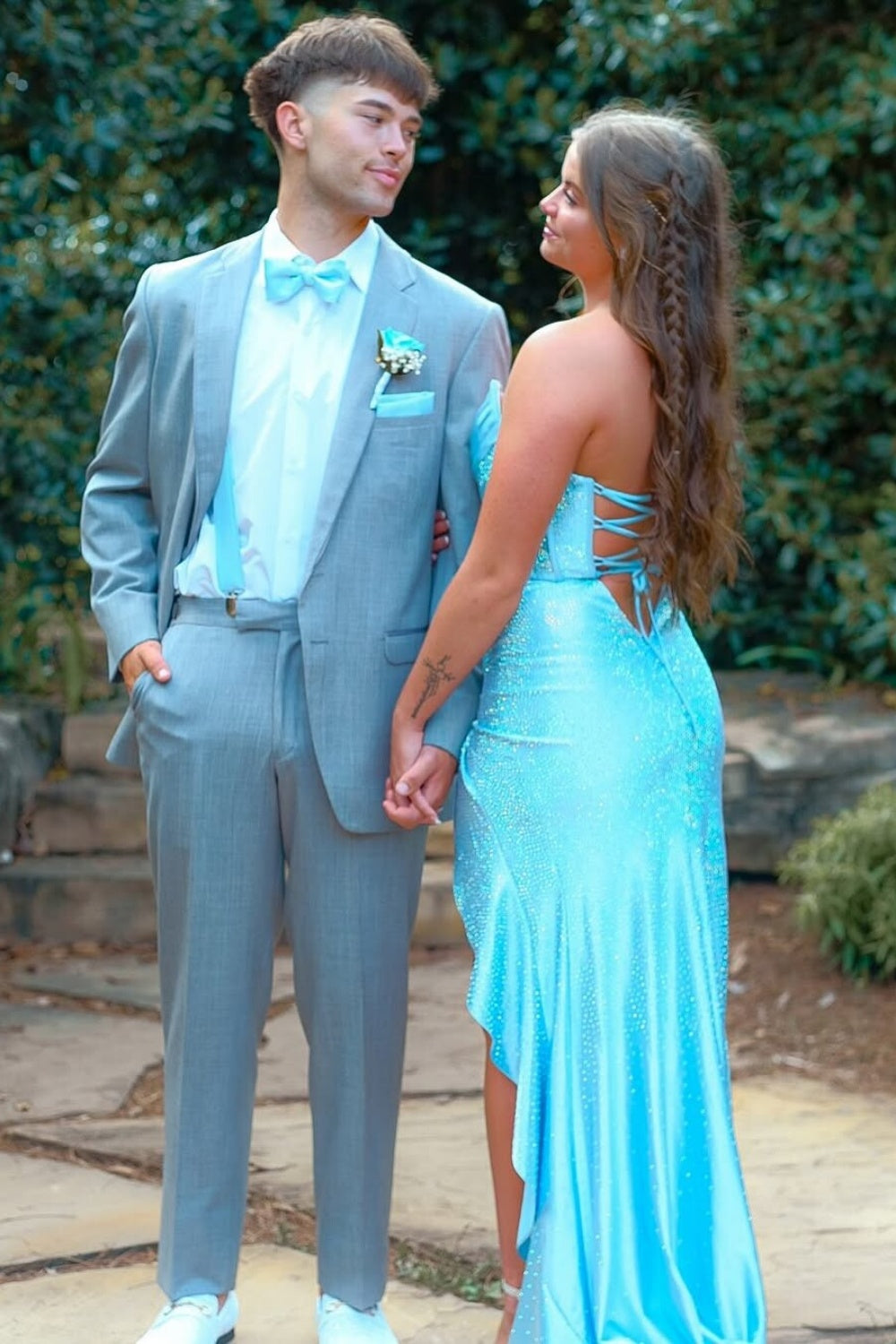 Beaded Ruched Strapless Mermaid Prom Dress with Slit in Blue