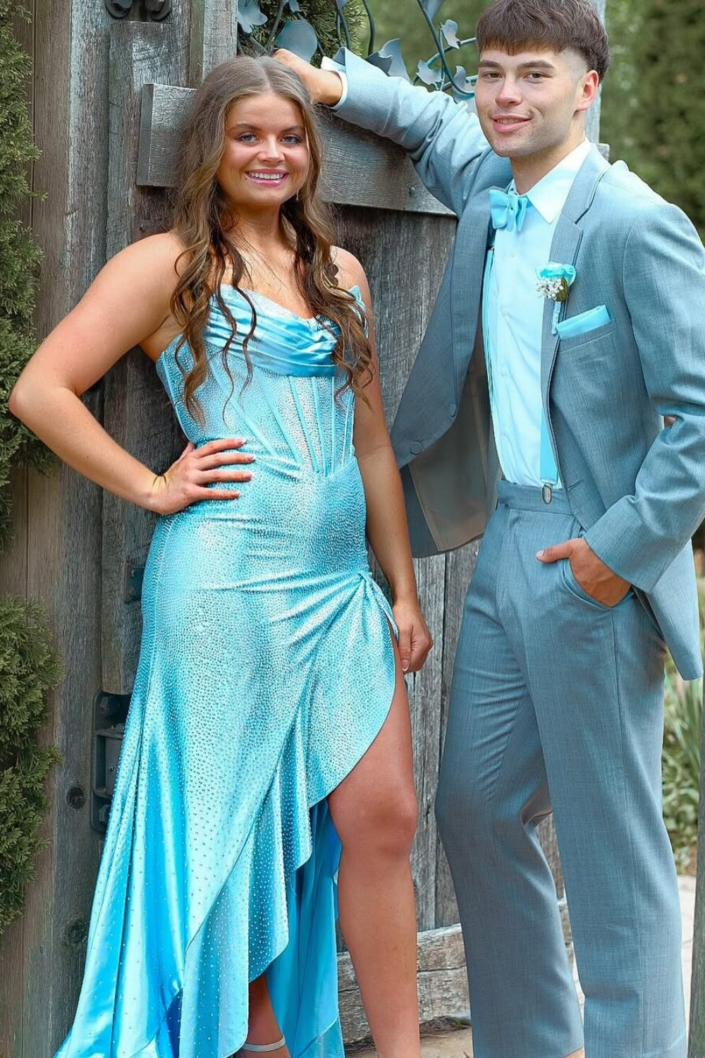 Beaded Ruched Strapless Mermaid Prom Dress with Slit in Blue