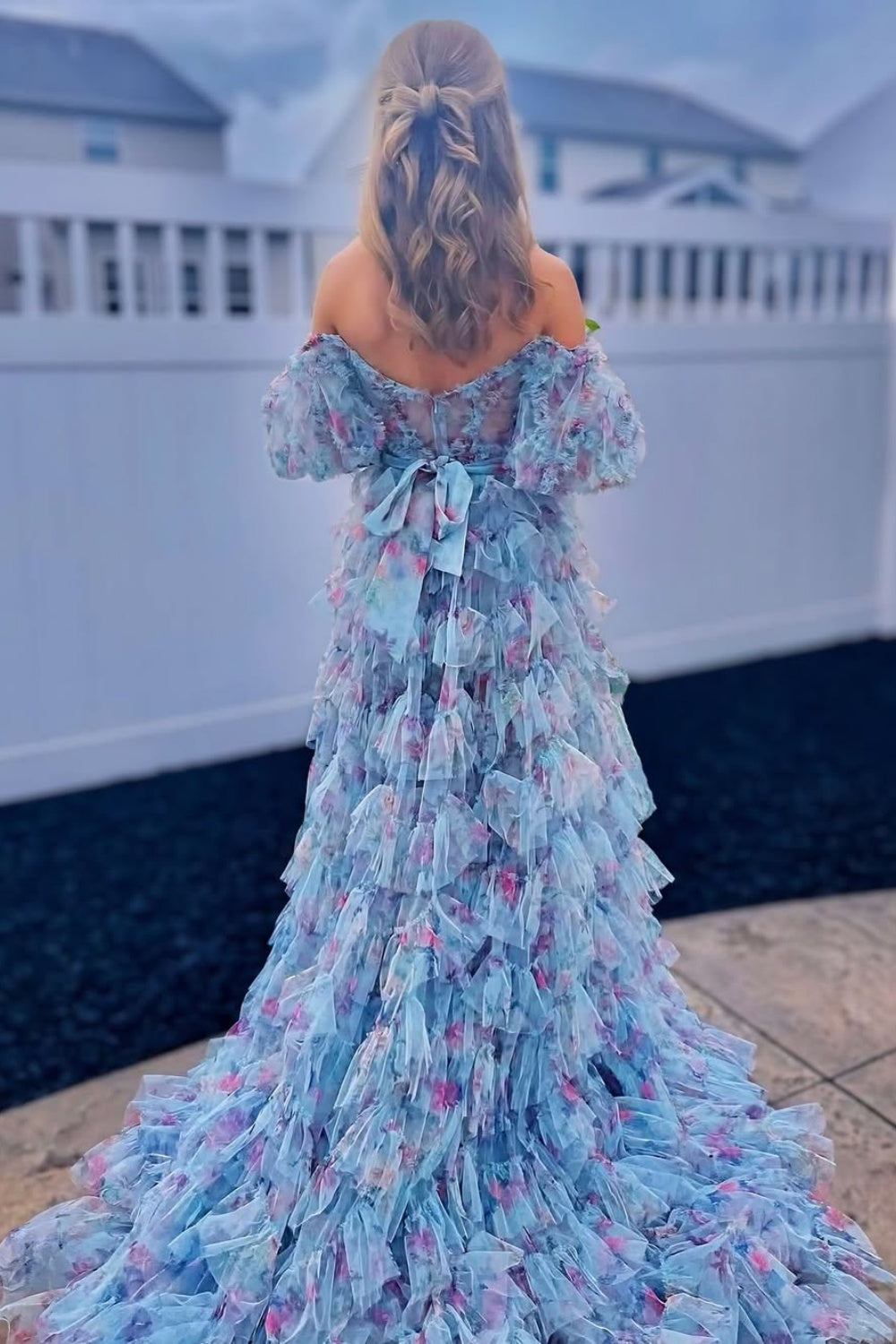 A-line Ruffle Off-the-shoulder Flower Print Prom Dress with Slit in Floral