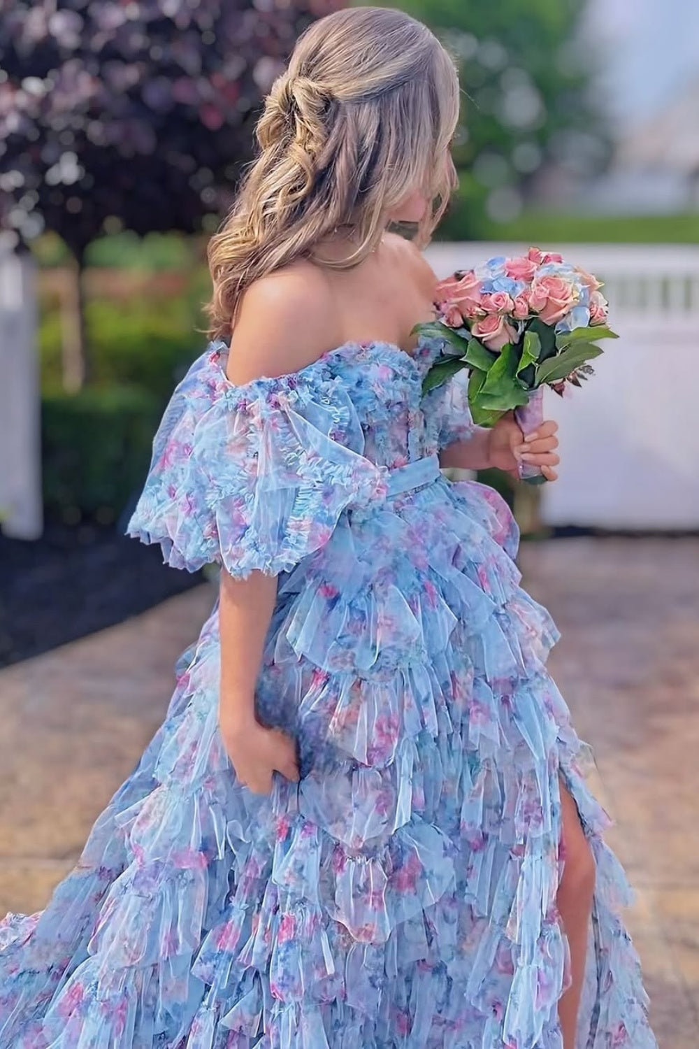 A-line Ruffle Off-the-shoulder Flower Print Prom Dress with Slit in Floral