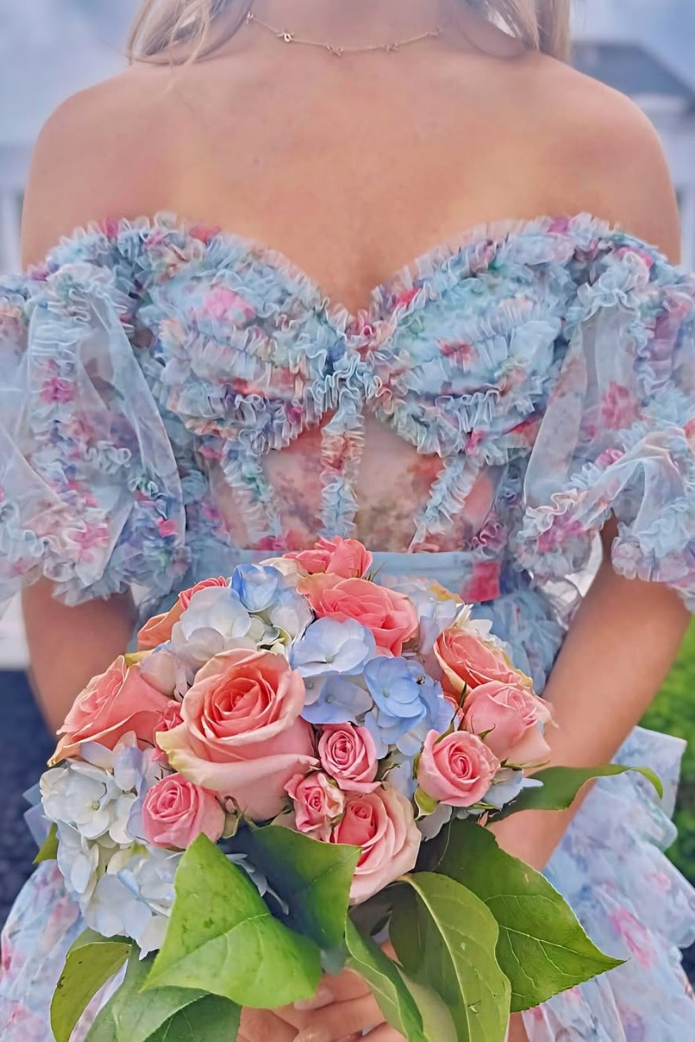A-line Ruffle Off-the-shoulder Flower Print Prom Dress with Slit in Floral