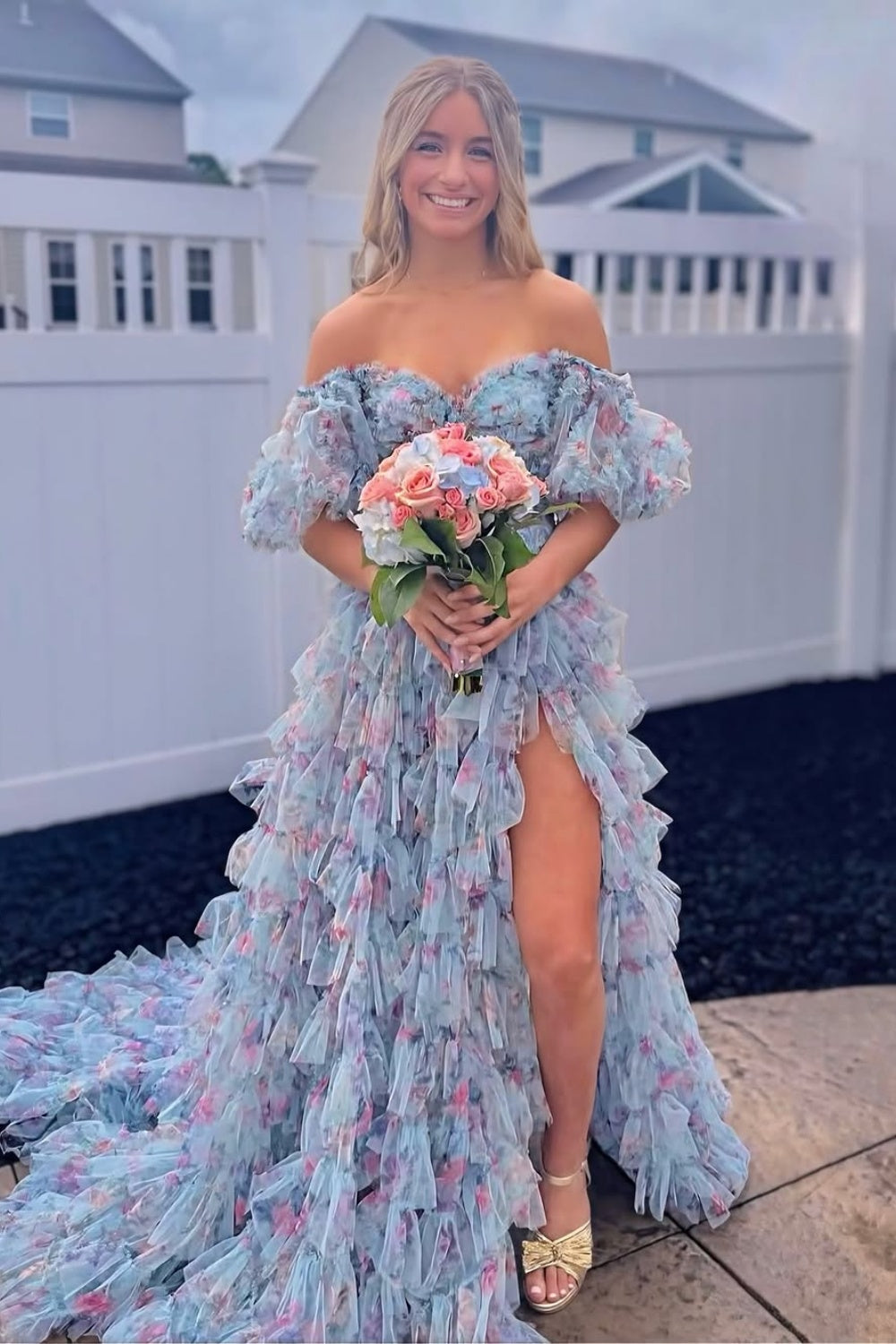A-line Ruffle Off-the-shoulder Flower Print Prom Dress with Slit in Floral