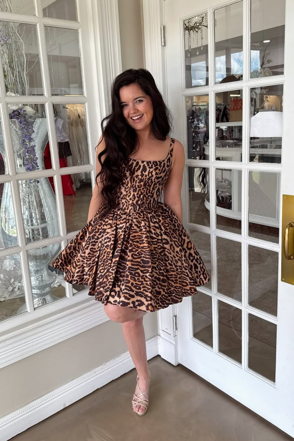 A-line Straps Ruched Party Dress in Leopard print