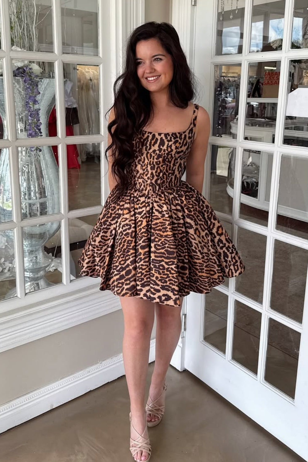 A-line Straps Ruched Party Dress in Leopard print
