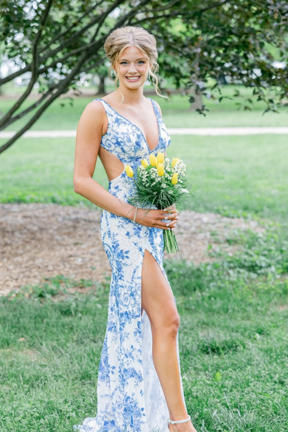 Floral Print Mermaid V-neck Open Back Prom Dress