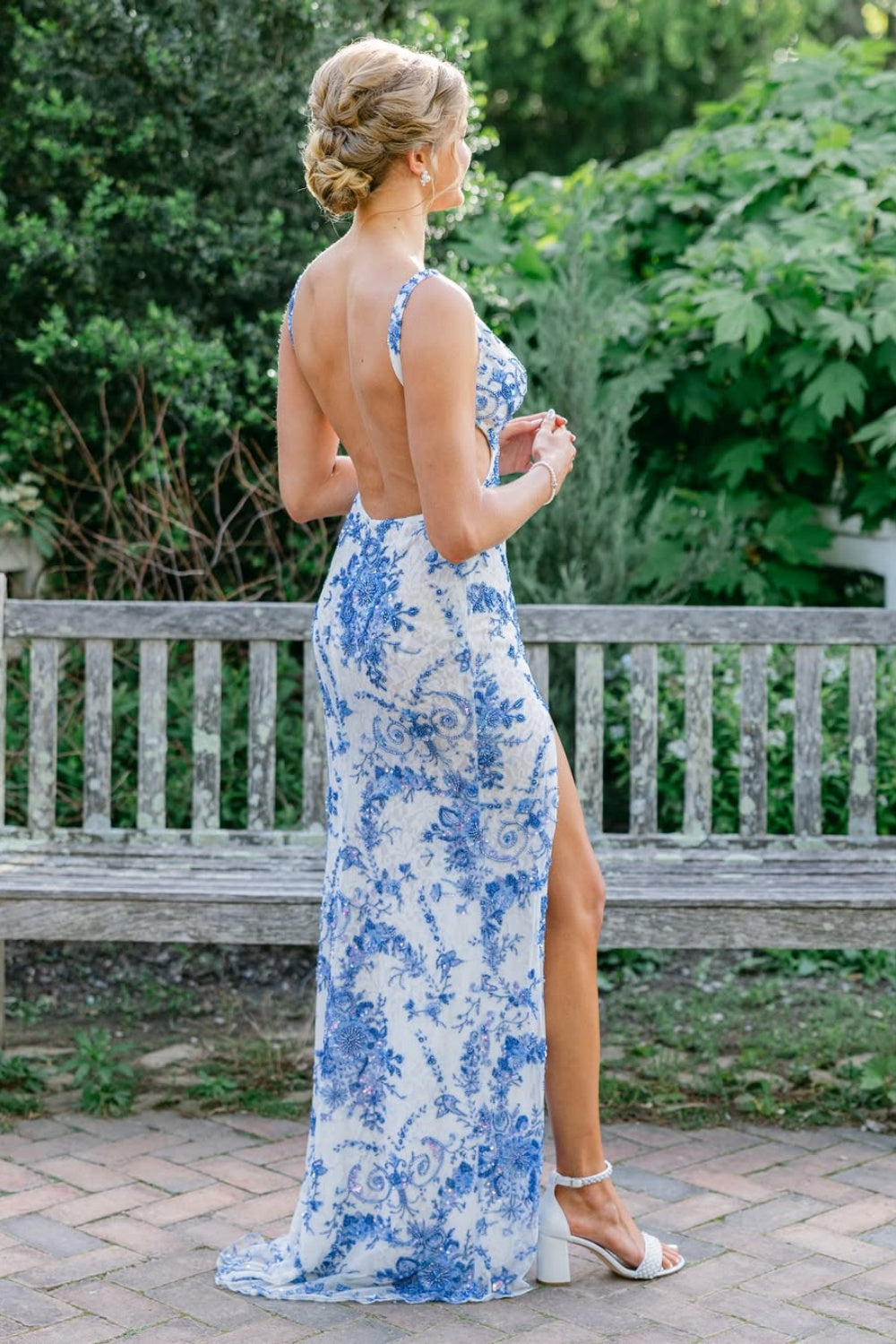Floral Print Mermaid V-neck Open Back Prom Dress