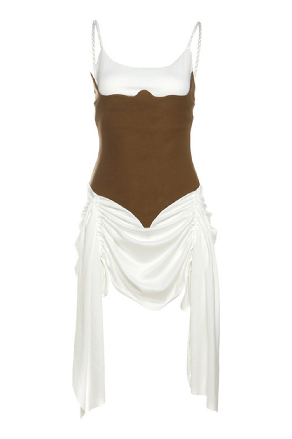 Spaghetti Strap Ruffle Homecoming Dress with Train in White and Brown