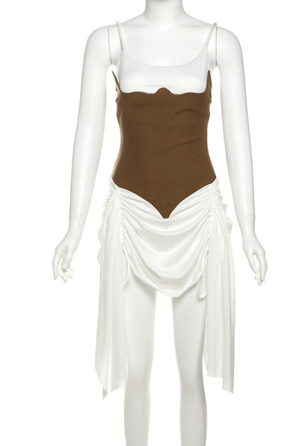 Spaghetti Strap Ruffle Homecoming Dress with Train in White and Brown