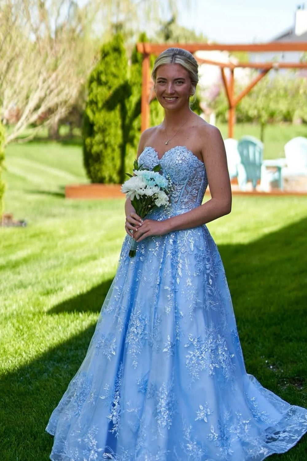 Sweetheart Lace Appliques A-line Prom Dress in Blue