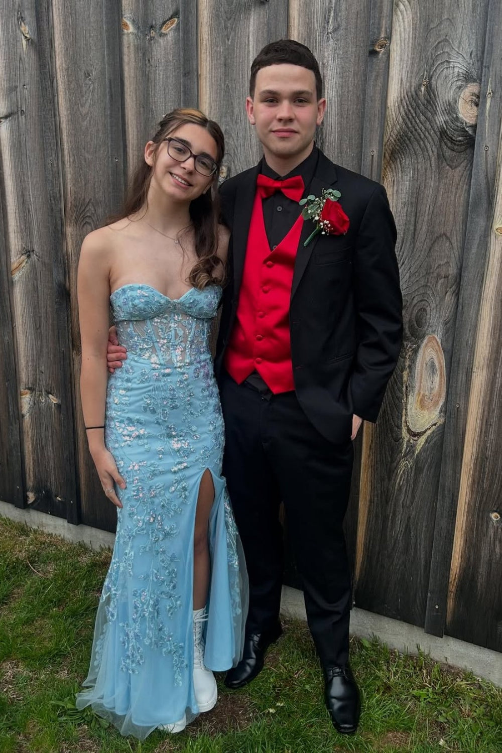 Strapless Sequin Lace Appliques Prom Dress with Slit in Blue