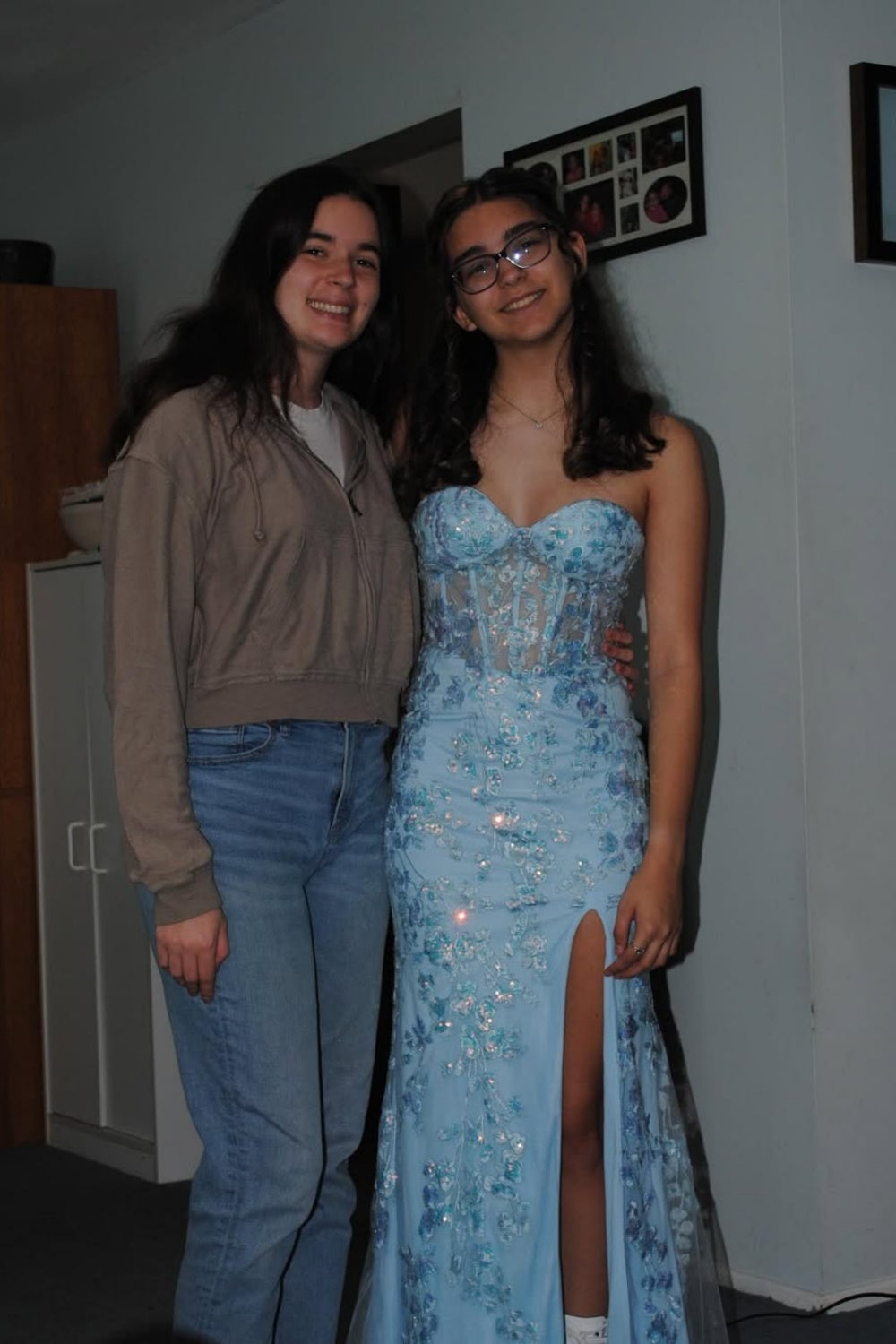 Strapless Sequin Lace Appliques Prom Dress with Slit in Blue