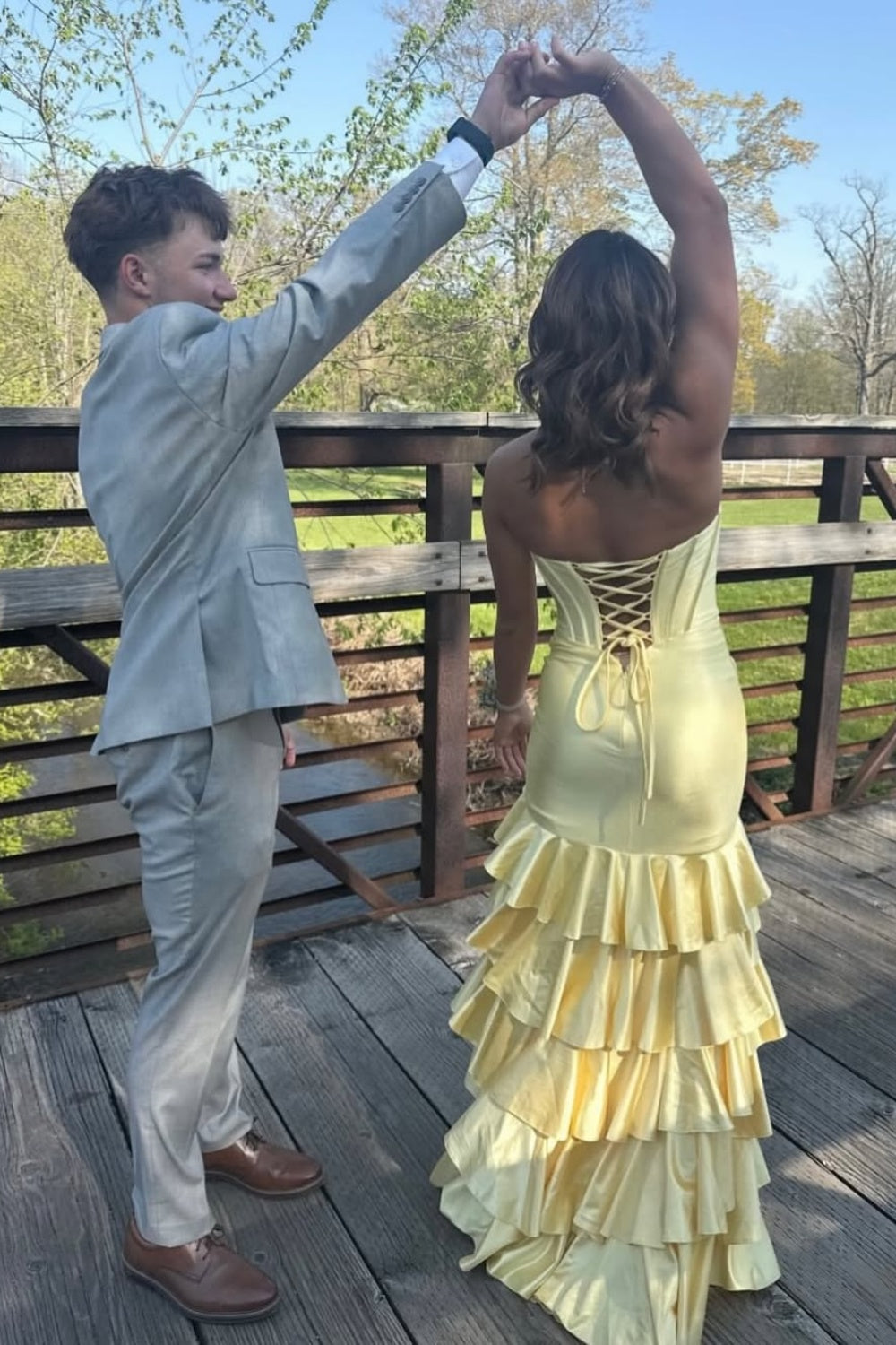 Strapless Mermaid Ruffle Lace-up Prom Dress in Yellow