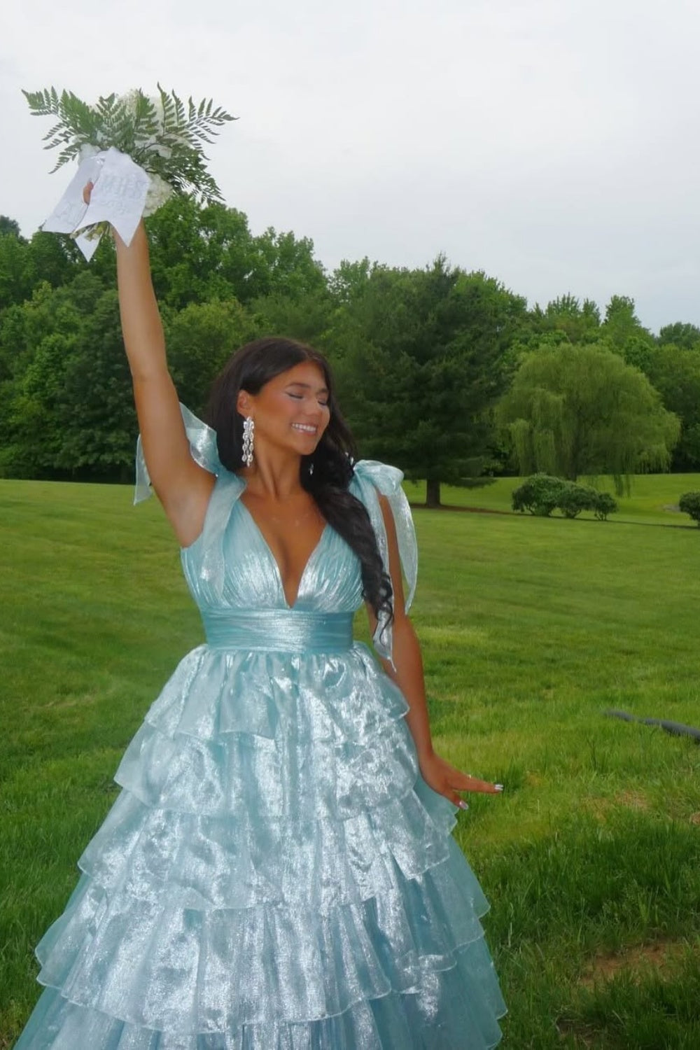 Bow Straps V-neck A-line Ruffle Prom Dress in Light Blue