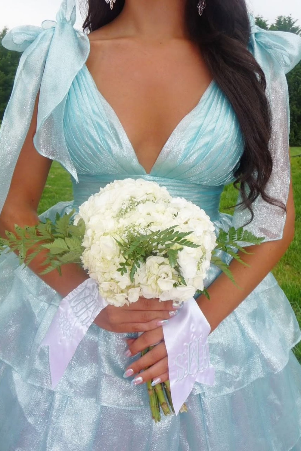 Bow Straps V-neck A-line Ruffle Prom Dress in Light Blue