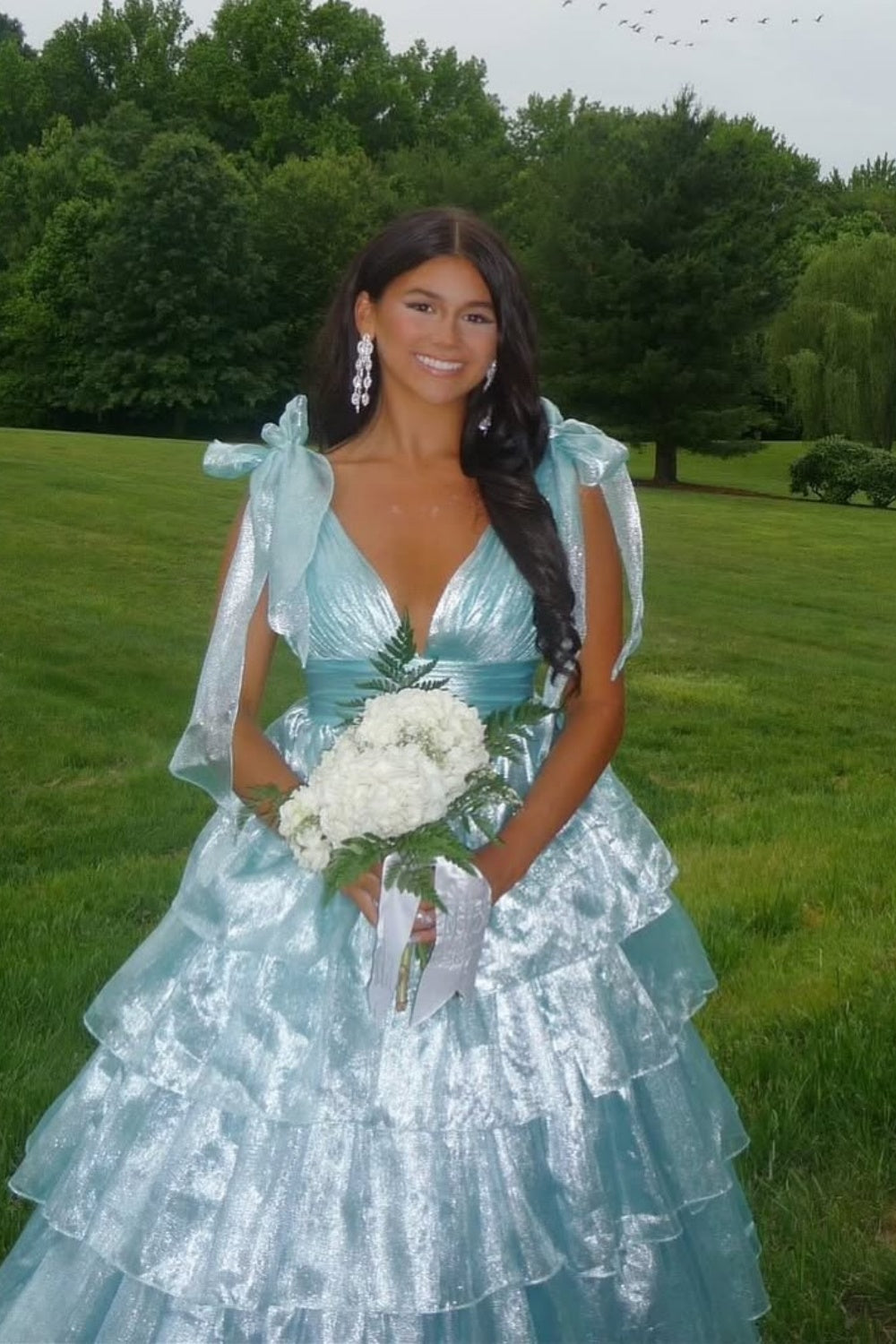 Bow Straps V-neck A-line Ruffle Prom Dress in Light Blue