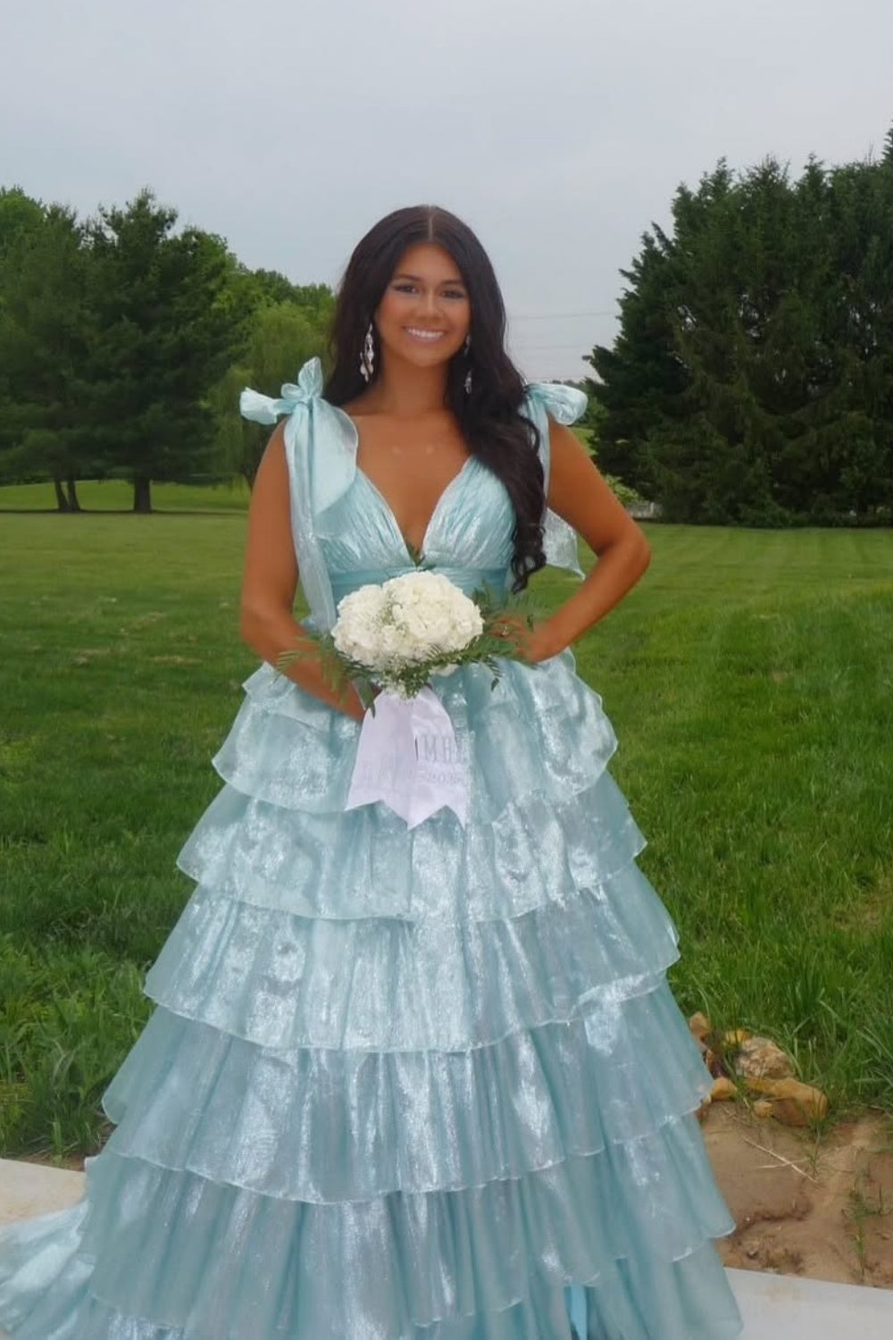 Bow Straps V-neck A-line Ruffle Prom Dress in Light Blue