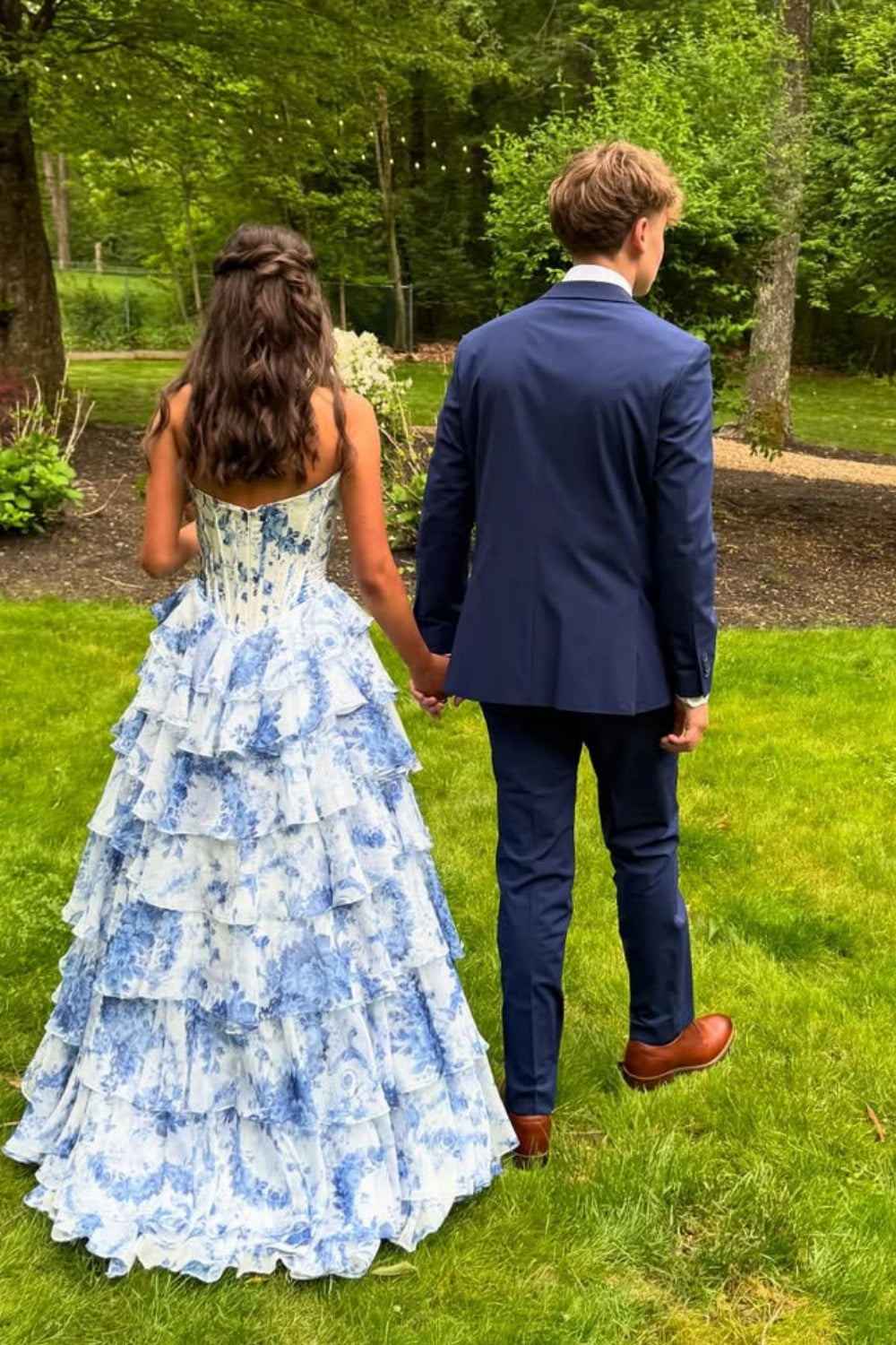 Lace Appliques Sweetheart A-line Ruffle Prom Dress in Blue Floral