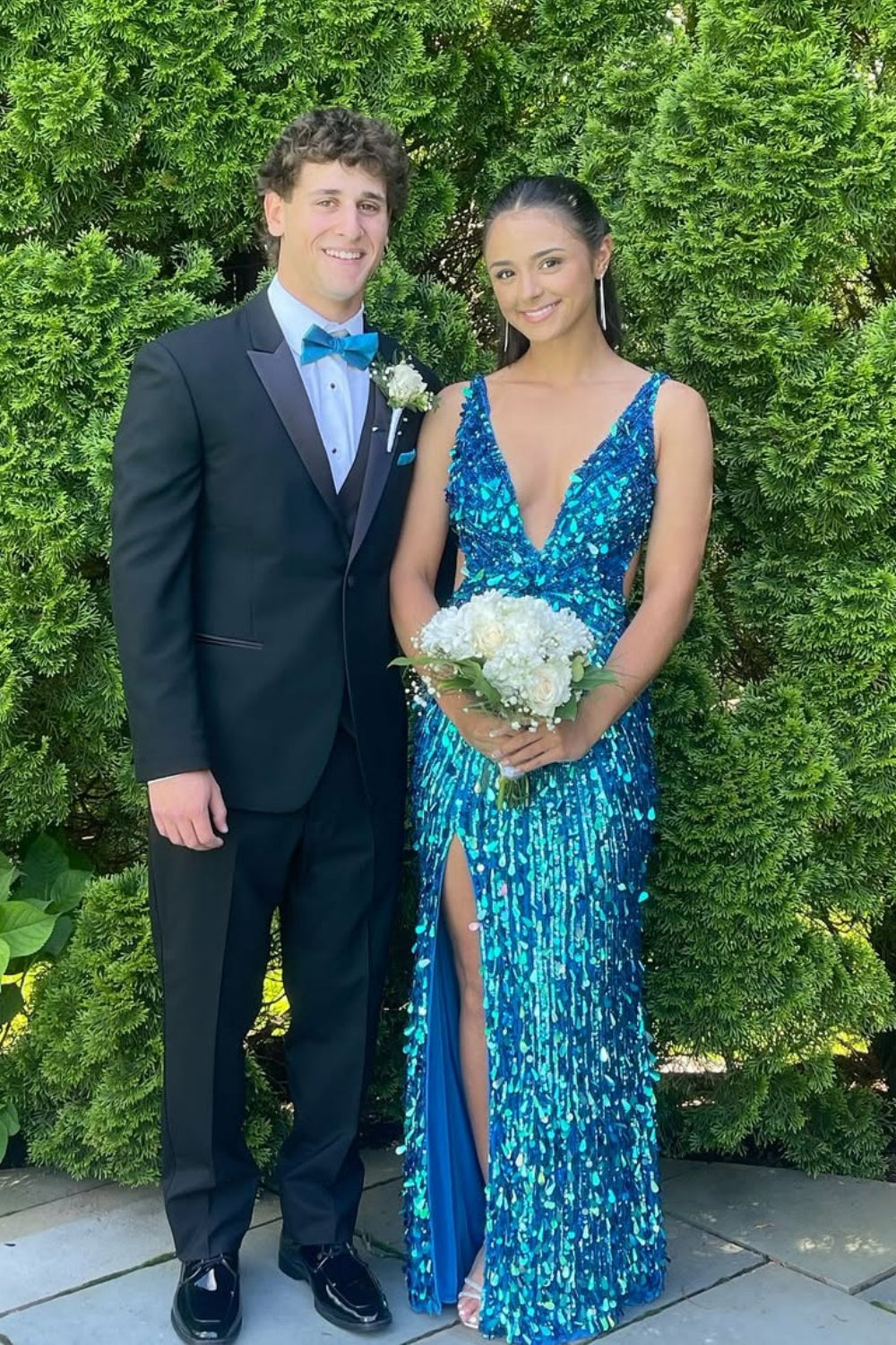 Mirror Plunging V-neck A-line Open Back Prom Dress in Blue