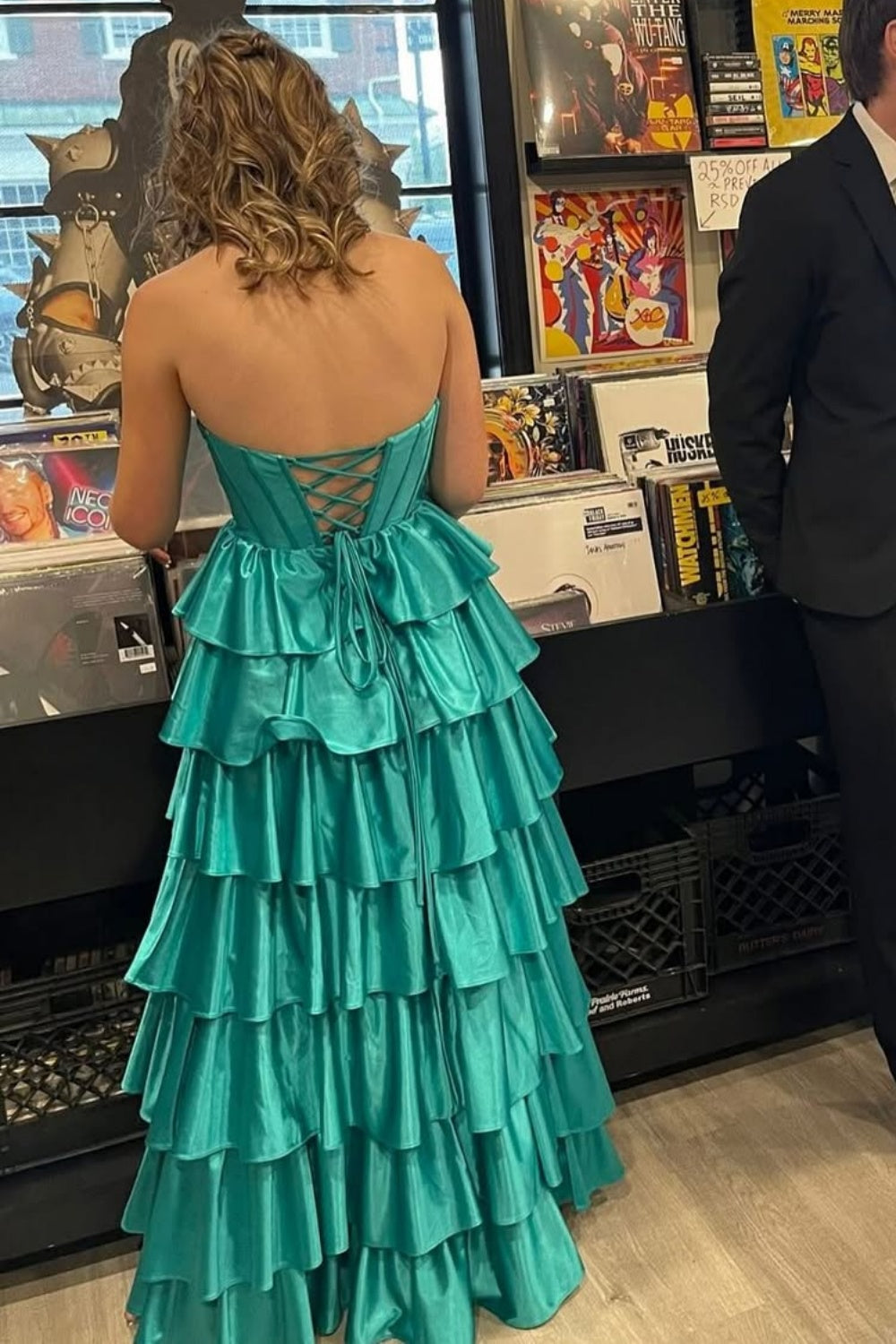 Strapless A-line Ruffle Lace-up Back Prom Dress in Blue