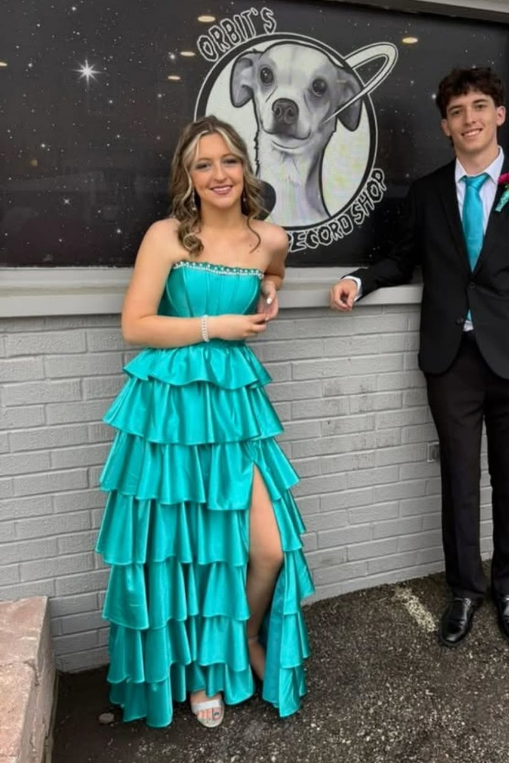 Strapless A-line Ruffle Lace-up Back Prom Dress in Blue