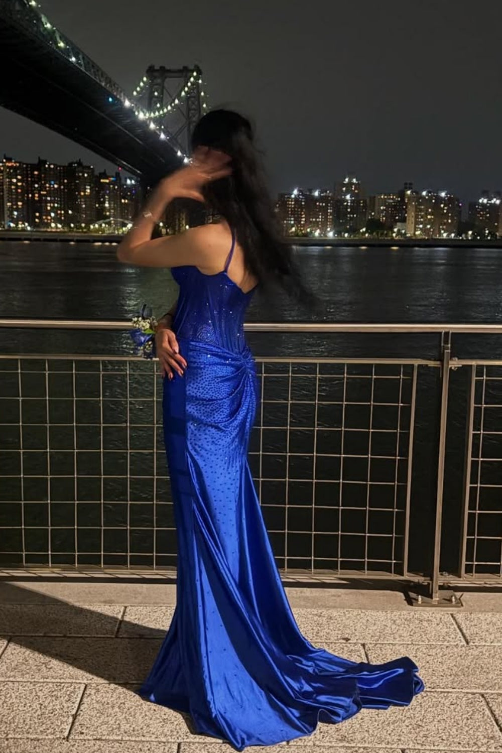 Beaded Spaghetti Strap Ruched Mermaid Prom Dress in Royal Blue